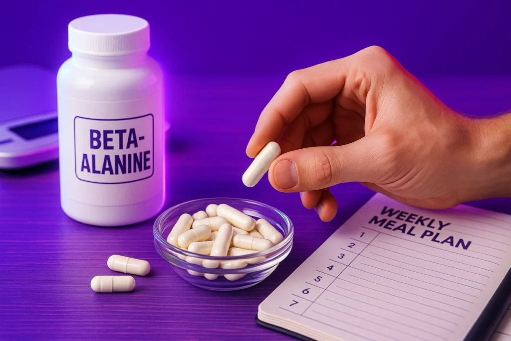runner preparing daily dose of beta-alanine with capsules and nutrition planner