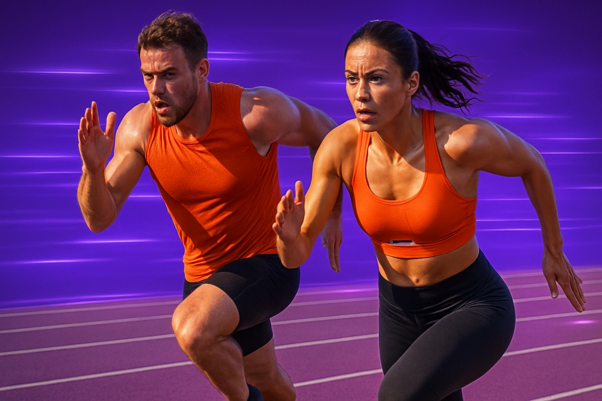 male and female runners sprinting on track with high intensity for endurance supplement concept