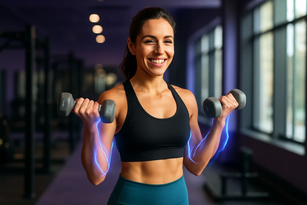 Woman performing resistance training with enhanced endurance from beta-alanine supplement.