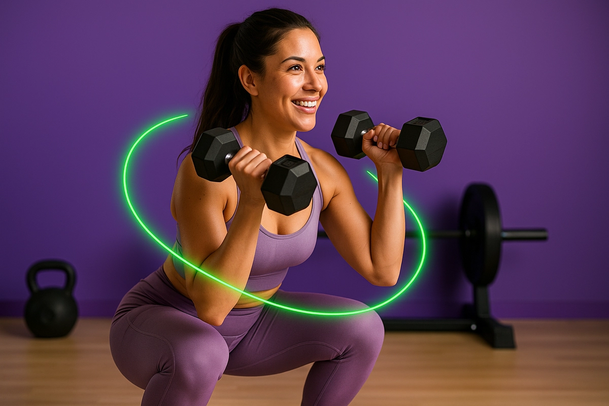 Fit woman lifting dumbbells confidently after using beta-alanine supplement for endurance and fat loss.