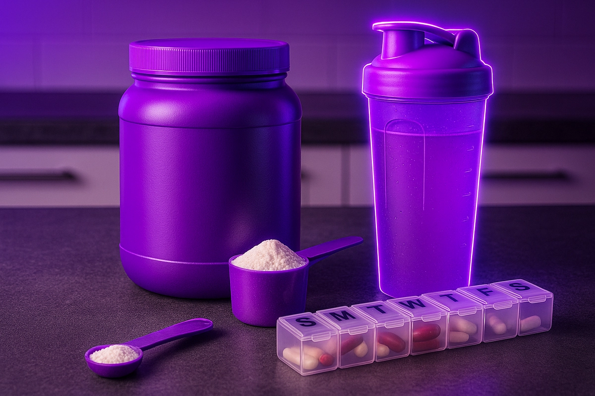 beta-alanine supplement with shaker and pill organizer on kitchen counter