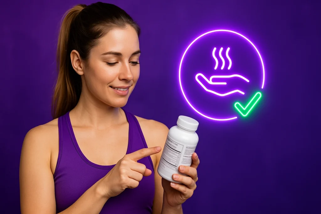 Woman learning about beta-alanine side effects and safety, including harmless tingling.