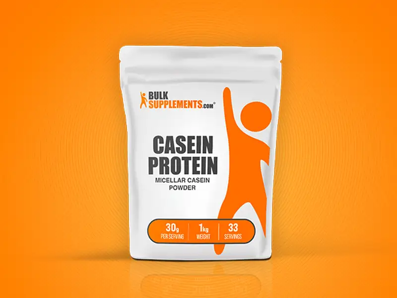 Bulk Supplements micellar casein protein – unflavored powder for DIY stacking and meal mixing.