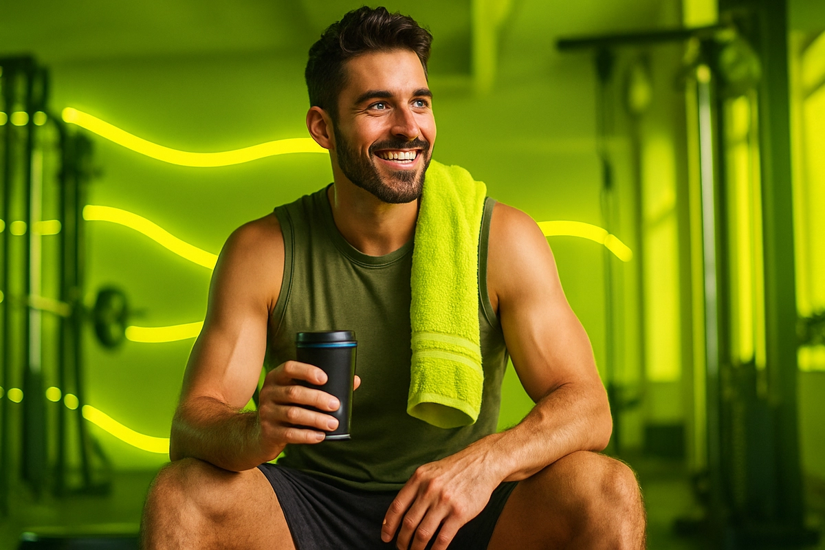 Fit man drinking coffee after workout for muscle recovery in modern gym