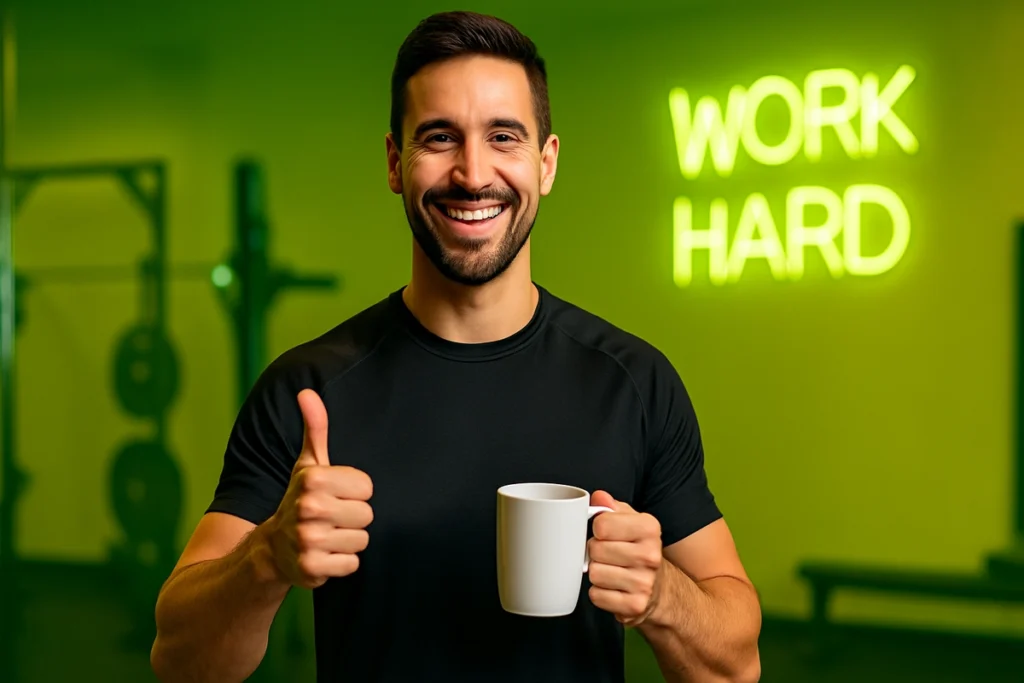 Fitness coach recommending caffeine as a helpful recovery tool after training