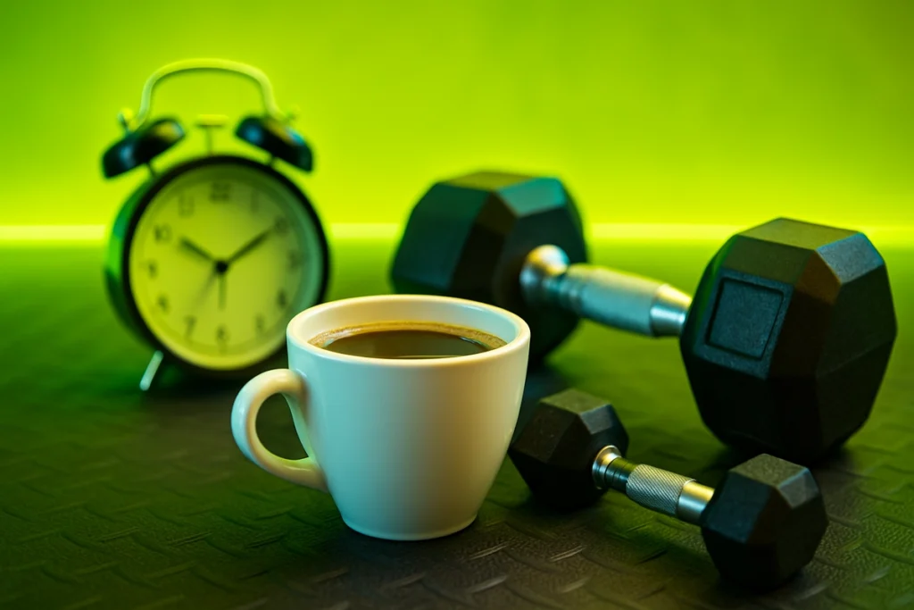 Coffee cup and gym gear showing quick caffeine benefits for mental focus