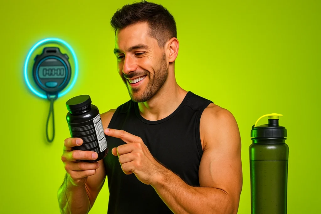 Athlete reading supplement label for safe caffeine use