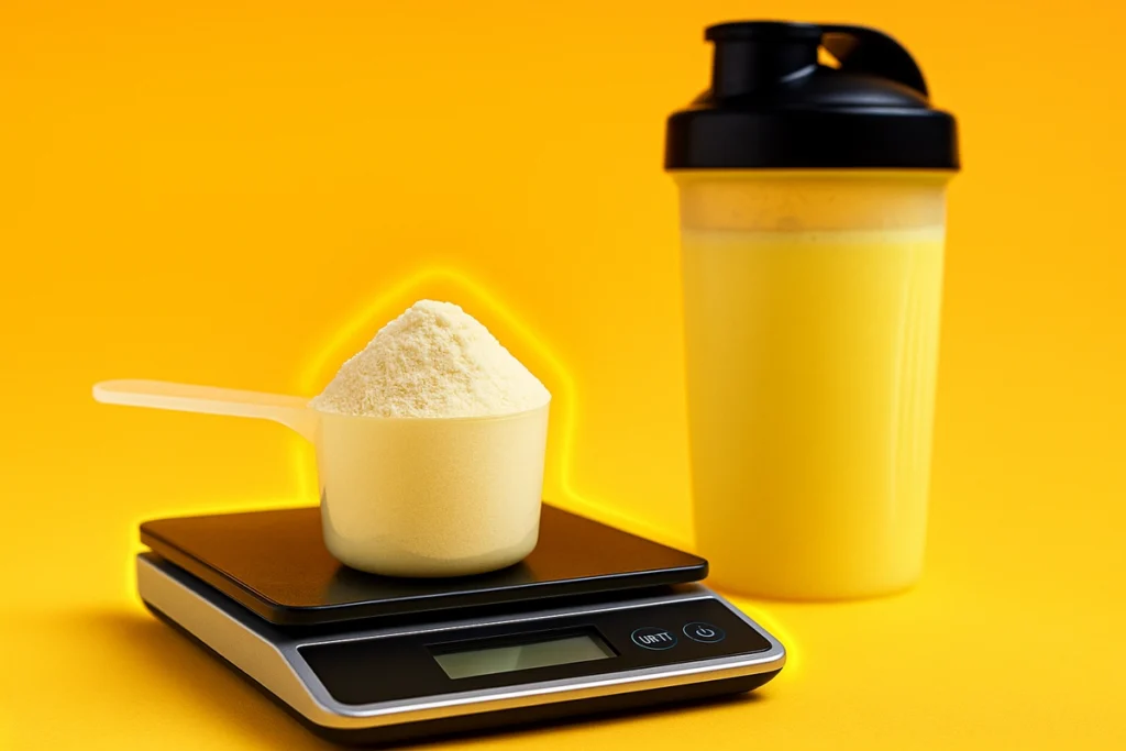 measuring 30 grams of casein protein powder for muscle maintenance