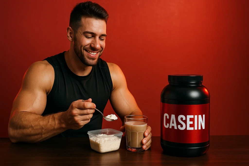 Man using casein protein during bulking for recovery and gains