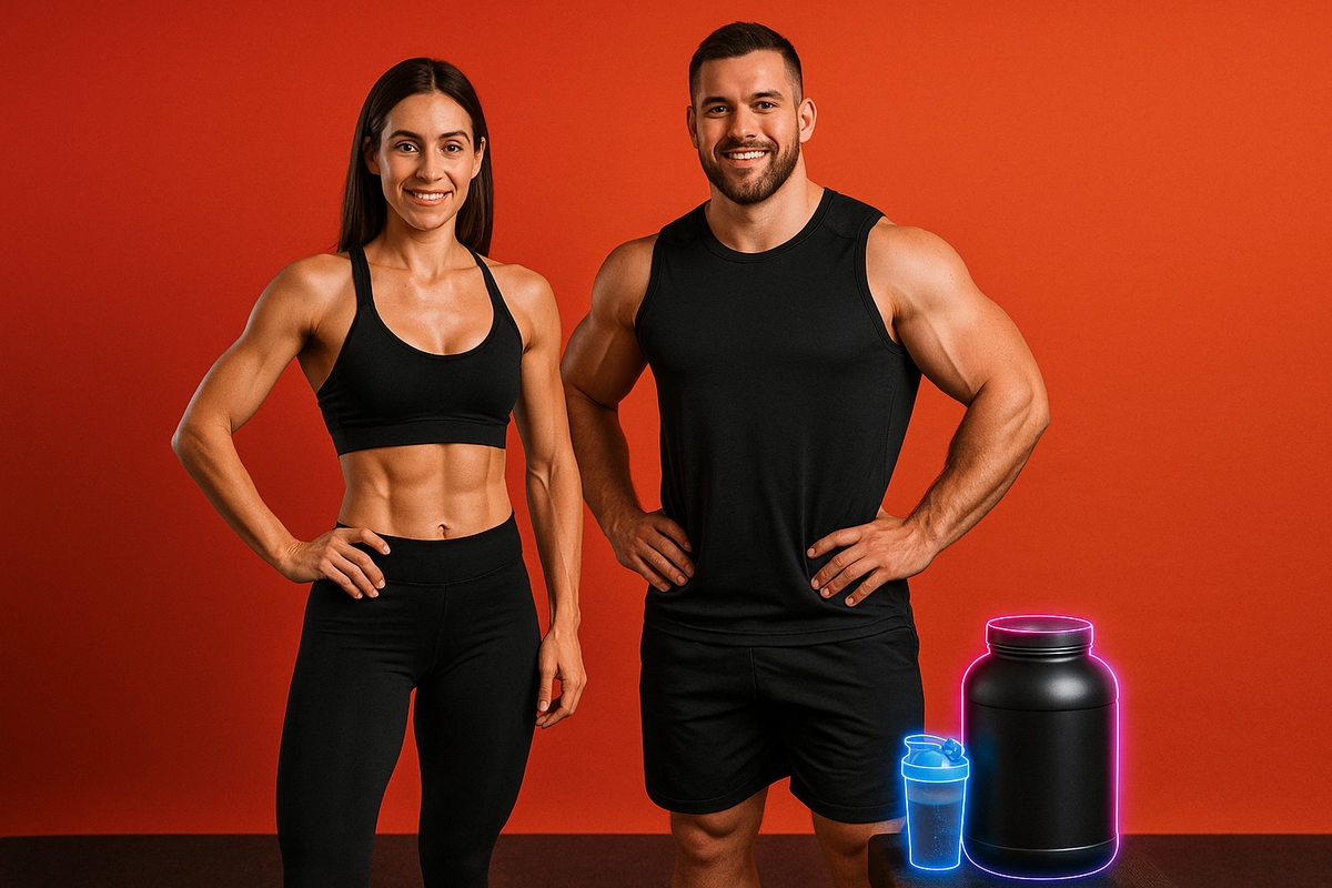 Casein protein for cutting and bulking phases with fit man and woman in gym setting