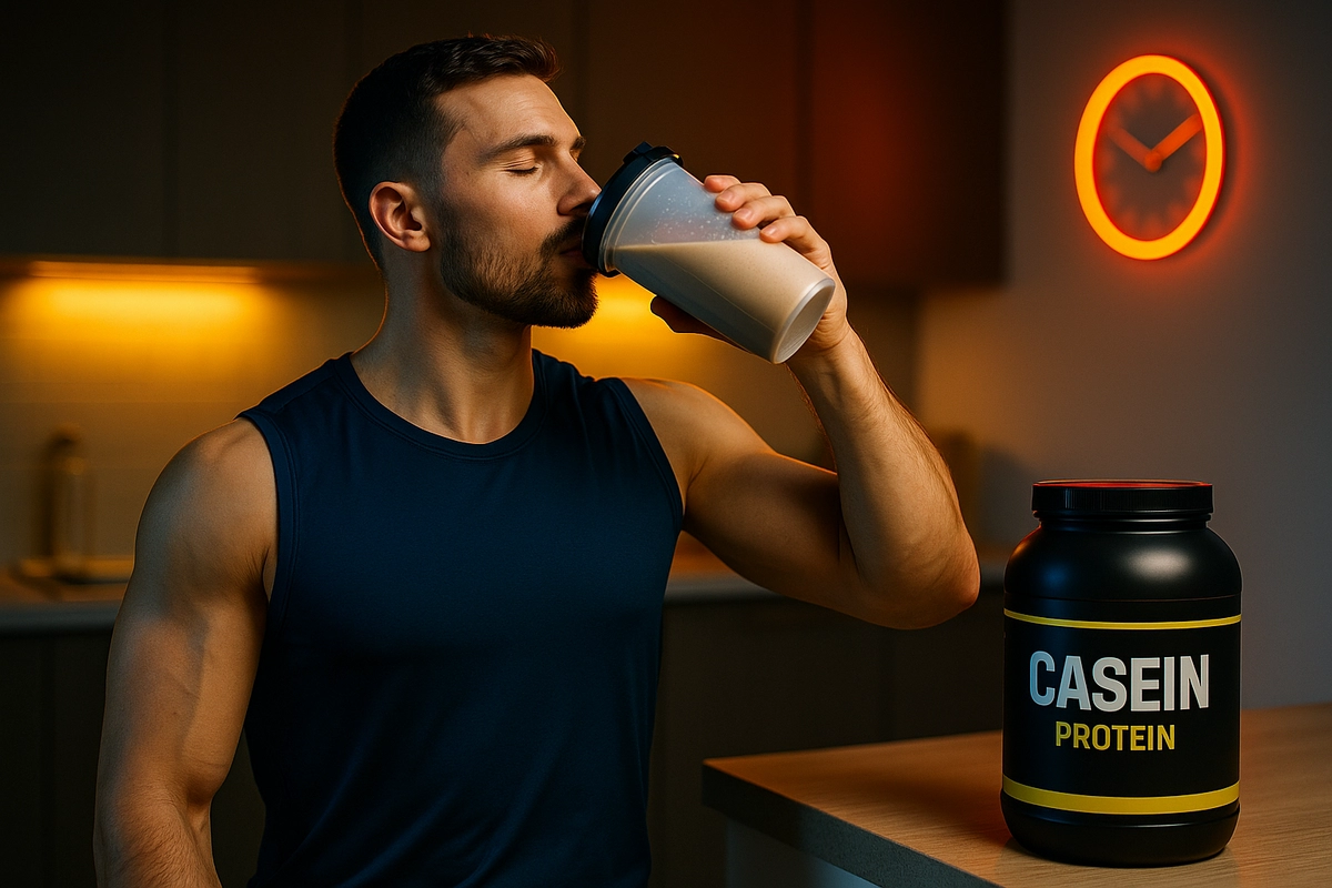 athlete taking casein protein shake before bed for muscle preservation