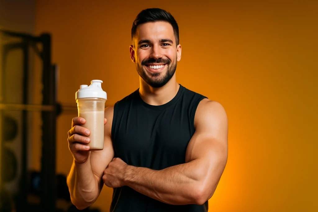 Fitness trainer holding casein shake with motivational vibe for clean bulking