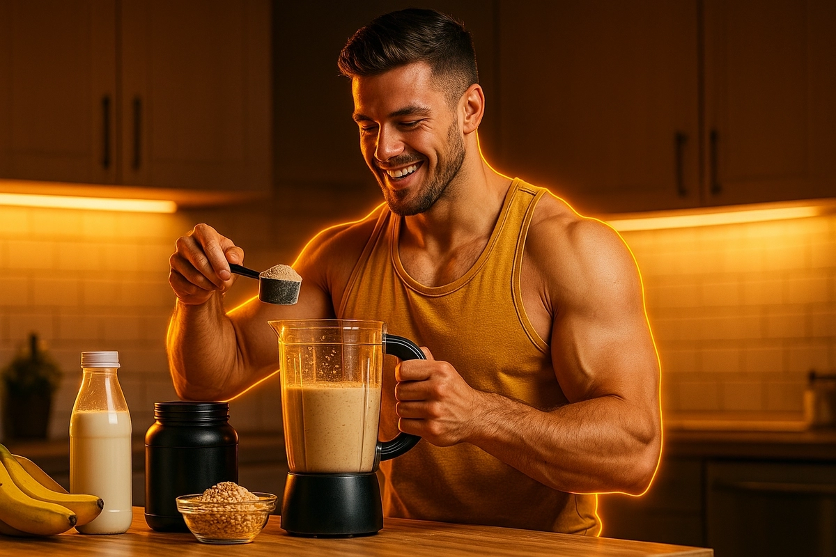 Man preparing a high-calorie casein protein shake at night for bulking