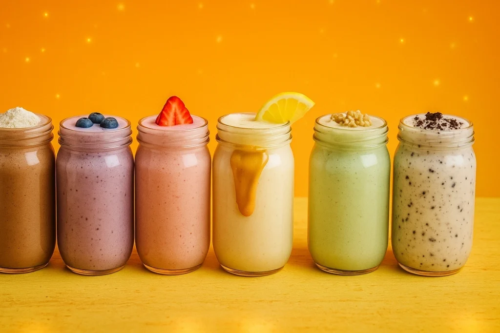 Variety of colorful casein protein shakes designed for bulking and muscle growth