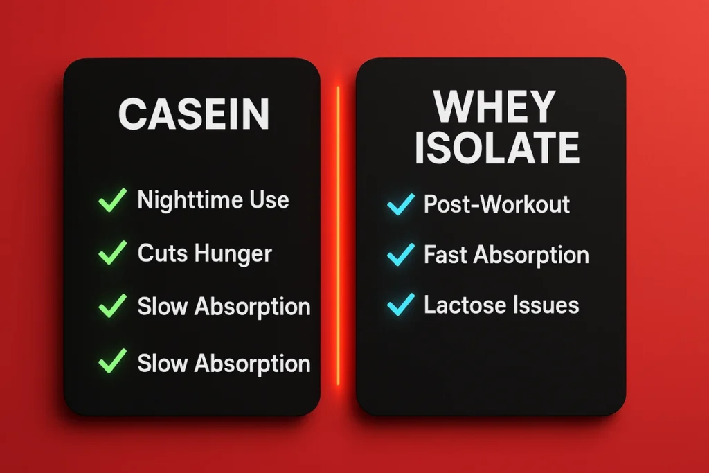 Comparison chart showing pros and cons of casein and whey isolate protein