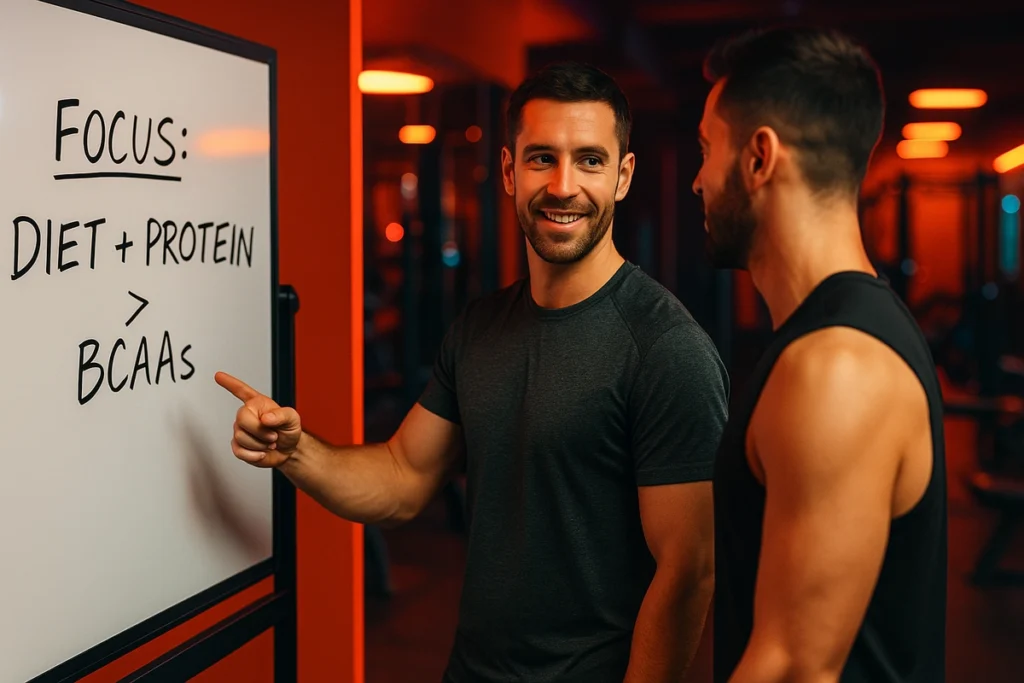 Fitness coach advising client on BCAA supplements vs protein intake for muscle growth