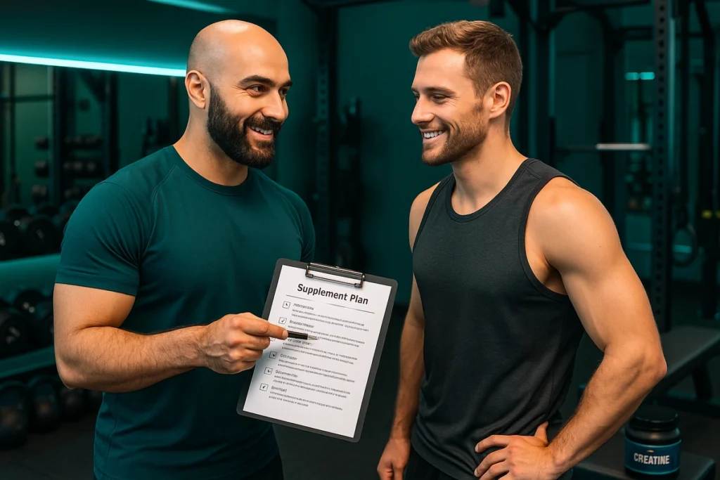 Fitness trainer sharing creatine supplement strategy with client