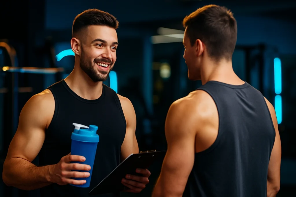 Fitness coach advising client on EAA usage after intense strength training