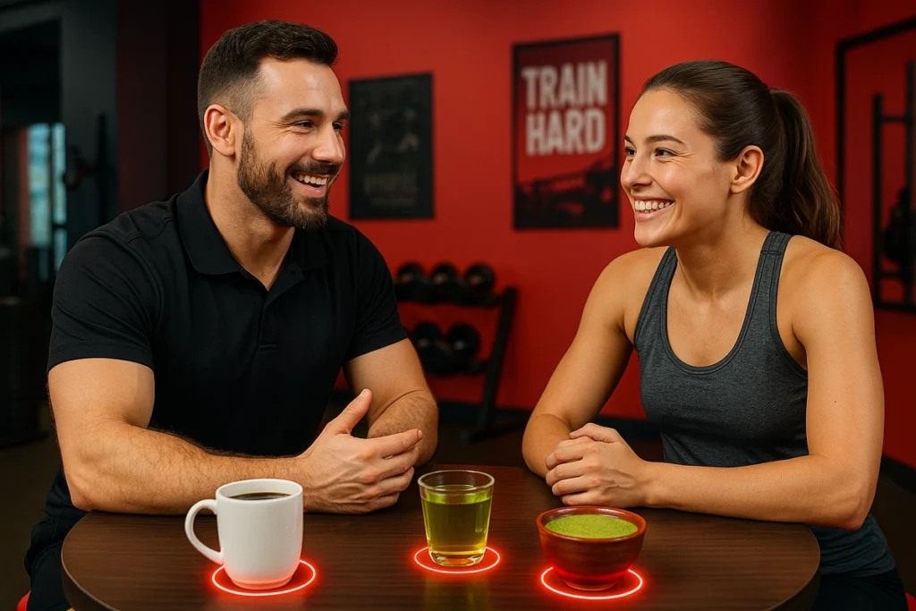 Fitness coach sharing caffeine strategy with client before workout