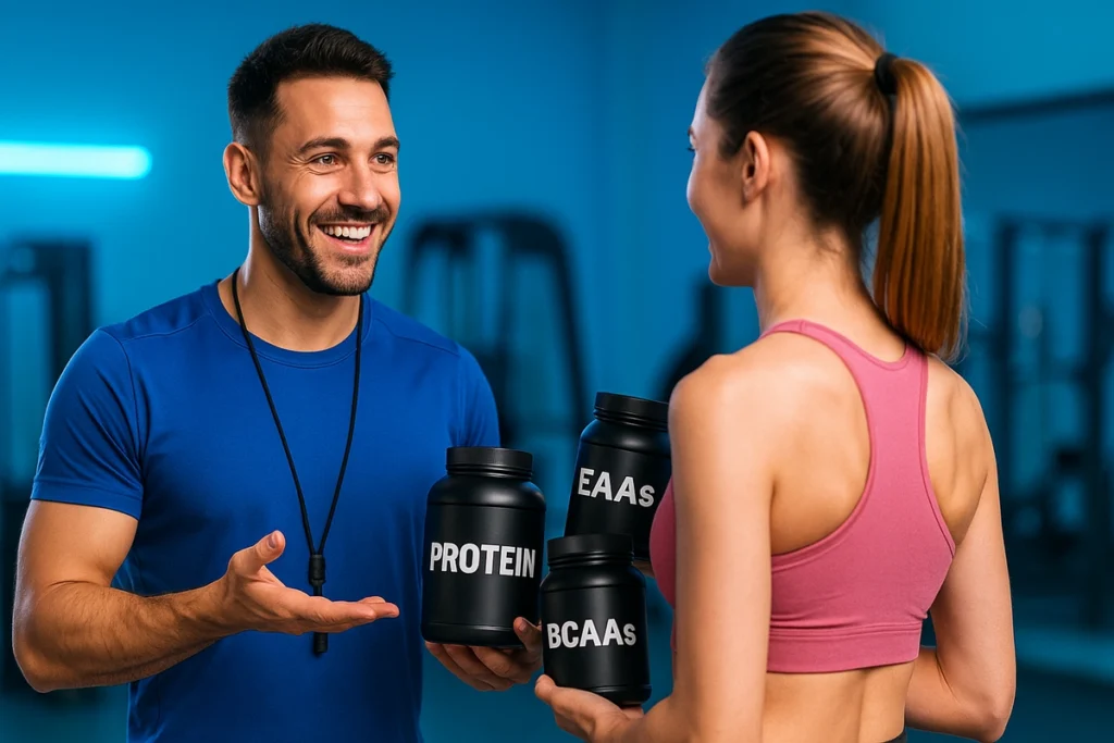 fitness coach recommending between EAAs BCAAs and protein powder