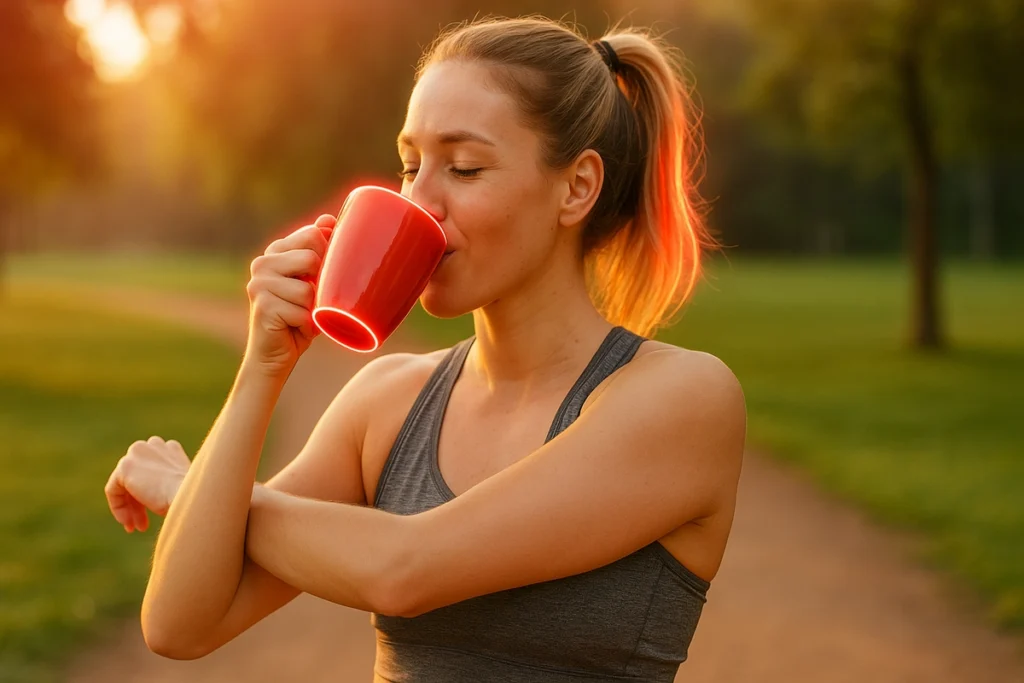 Woman drinking coffee before a light workout in the morning