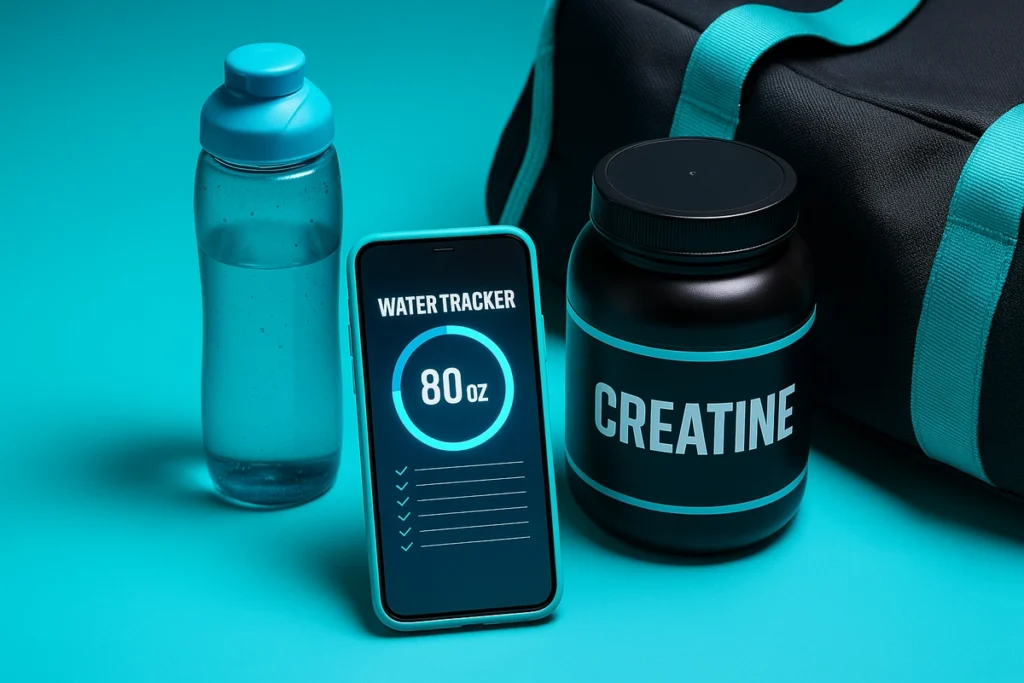 smartphone showing water tracker next to creatine and gym gear