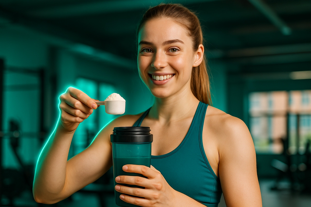 beginner athlete holding creatine scoop at gym with shaker bottle