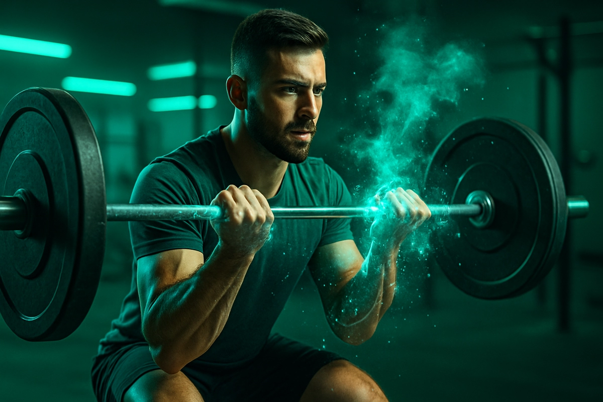 Hands gripping barbell with chalk powder flying, symbolizing strength boost from creatine