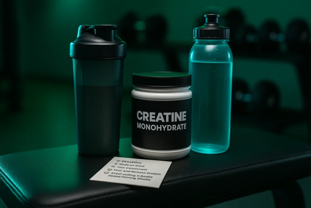 Creatine routine tips with shaker bottle and supplement checklist