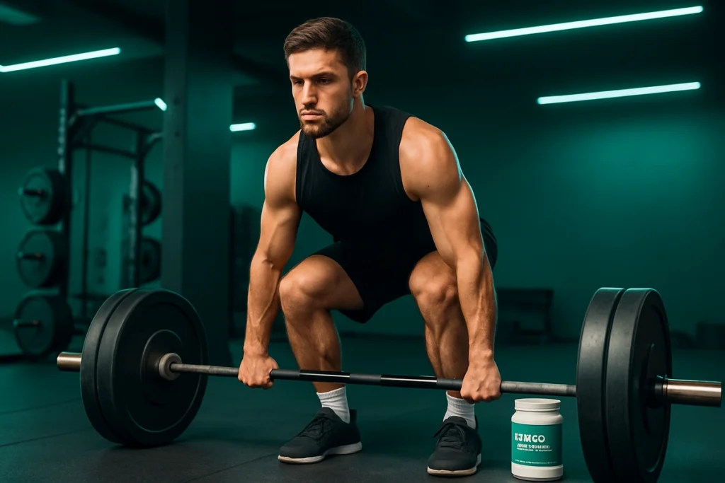 Man lifting heavy weight in gym with creatine monohydrate in background, symbolizing strength and muscle power