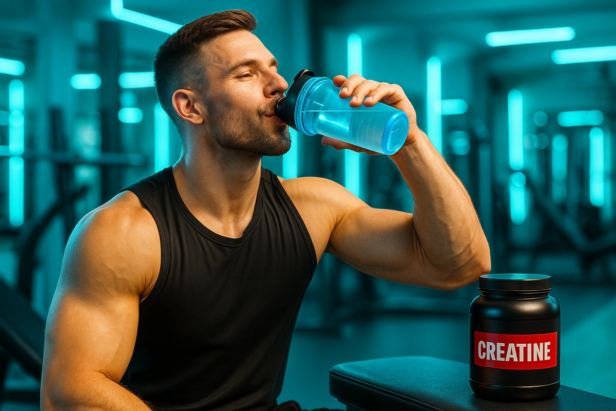 athlete drinking water with creatine supplement in gym setting