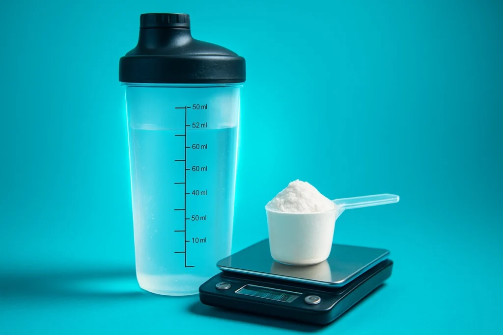 scoop of creatine monohydrate next to water bottle and scale