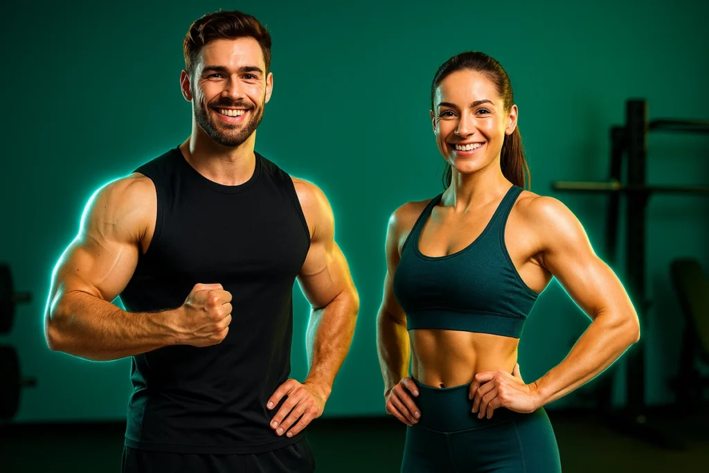 Confident gym athletes showing results of creatine without visible bloating