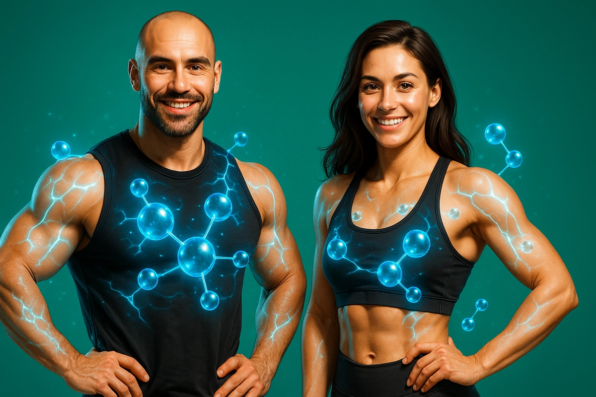 Athletic man and woman with hydrated muscles representing creatine water retention benefits