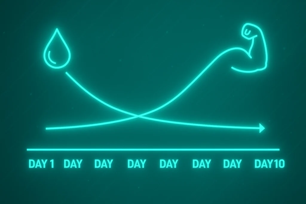 Timeline showing creatine water retention decreasing over 10 days
