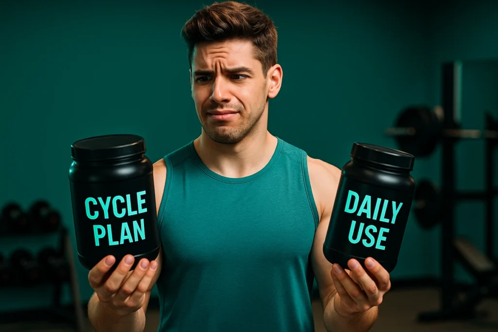 Confused athlete choosing between creatine cycling and daily use