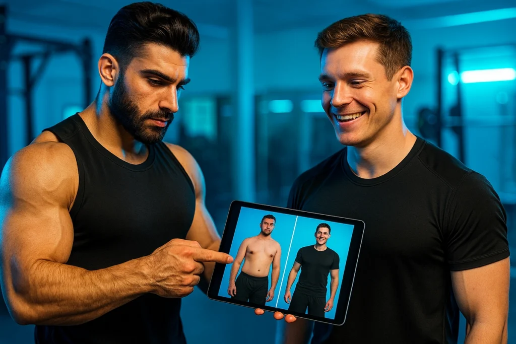 Trainer reviewing real client progress and muscle retention with EAAs