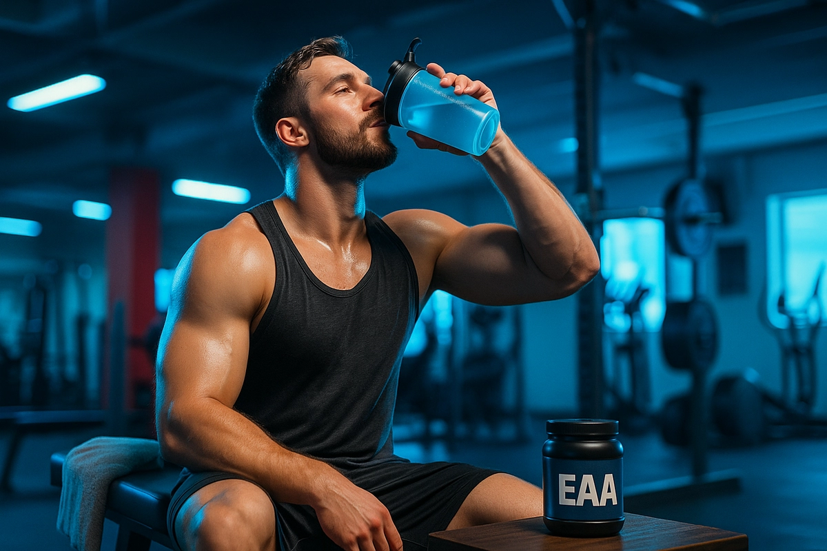 Muscular athlete drinking EAA supplement during workout for muscle recovery and growth