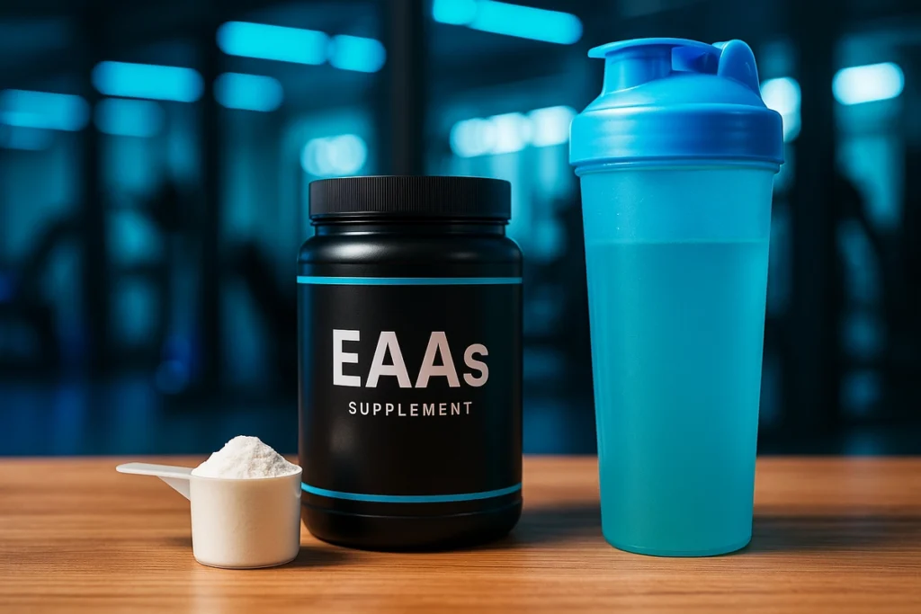 EAA scoop and shaker bottle showing daily dosage recommendation for lifters