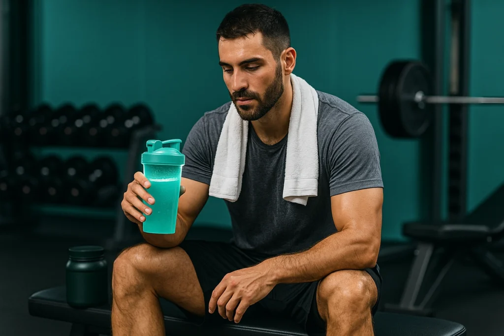 Tired athlete recovering after workout while drinking EAA supplement for muscle recovery