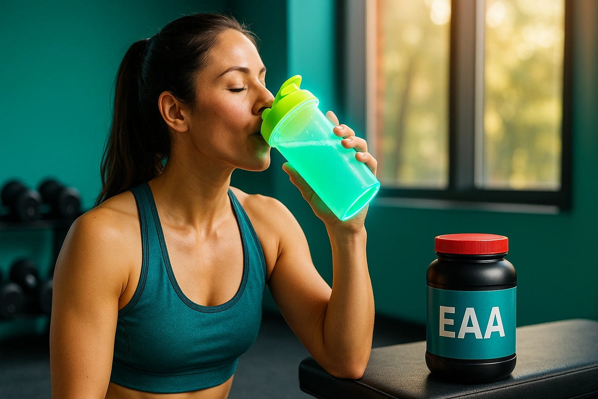 Athlete drinking EAA supplement in gym before workout with shaker and supplement tub