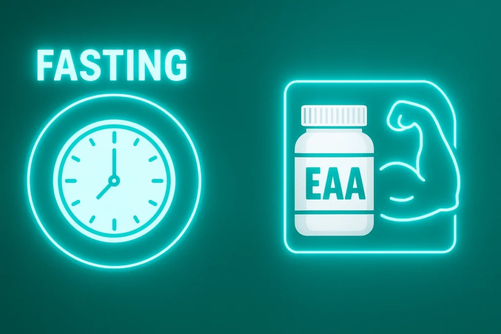 side-by-side image of fasting symbol vs EAA supplement and muscle preservation