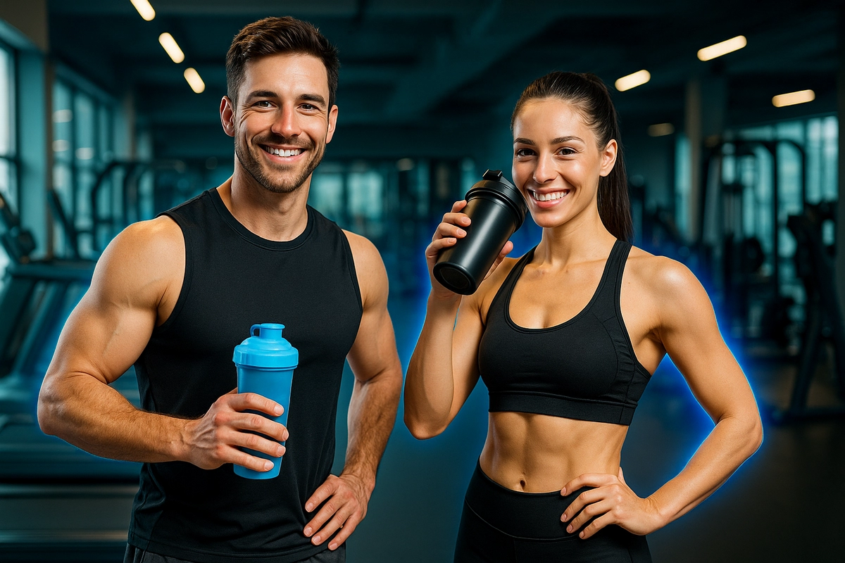 Fit man and woman in gym preserving muscle during fat loss with EAAs