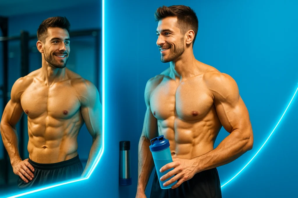 Lean athlete flexing and using EAAs during calorie deficit phase