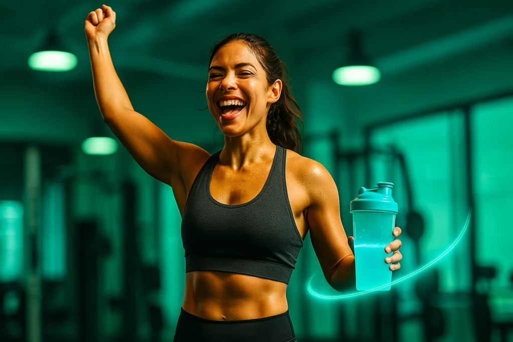 Happy athlete celebrating after workout with EAA drink in hand, symbolizing supplement timing success