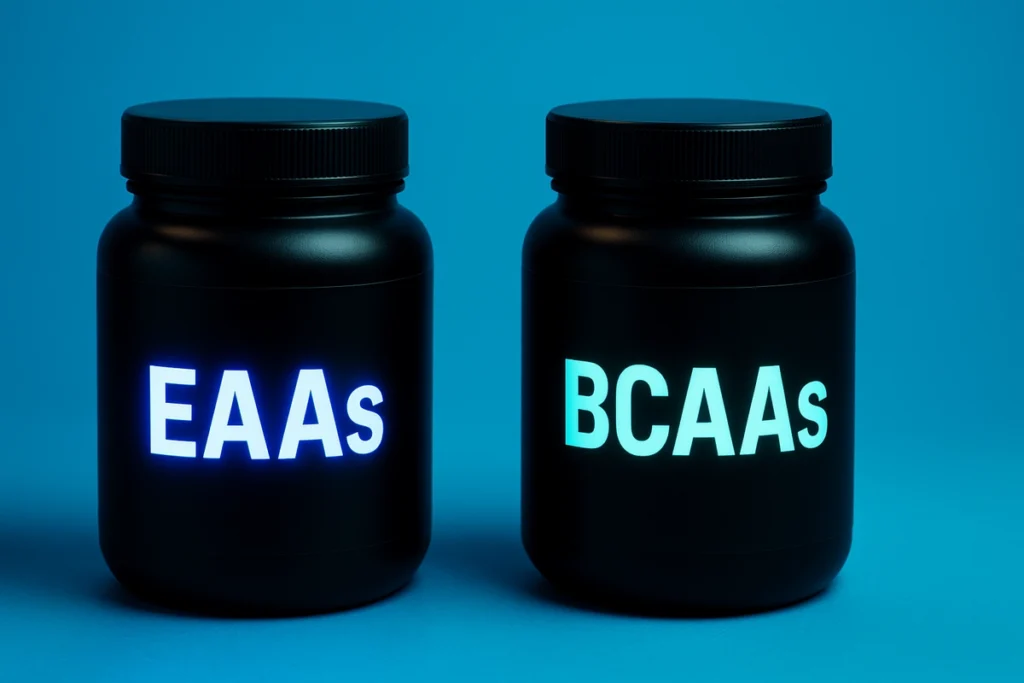 EAAs and BCAAs supplement jars compared for effectiveness