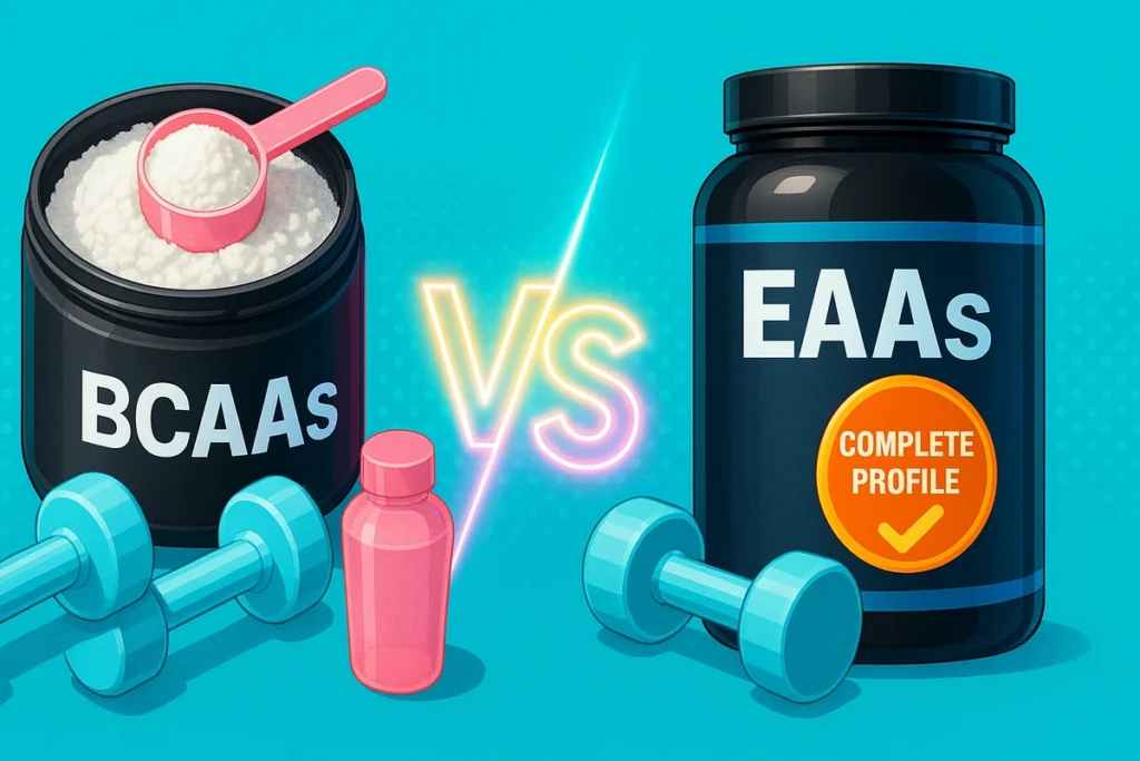 Comparison image of EAAs and BCAAs for women with labeled supplement visuals