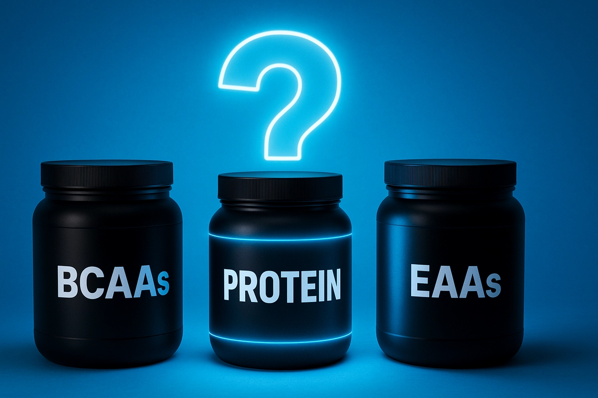 comparison of EAAs BCAAs and protein powder supplements on a gym bench
