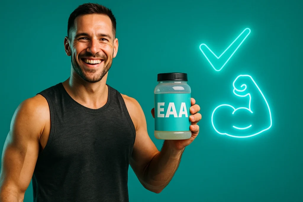 athlete with EAA drink showing successful fasted workout and muscle retention
