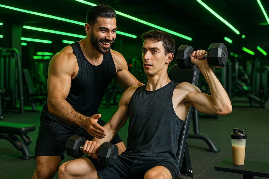 Fitness coach helping ectomorph gain muscle with training and nutrition